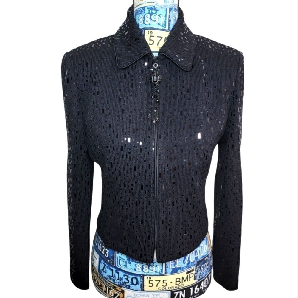 Rare St.John Evening Marie Gray Sequin Cardigan Zip-Up pailette Black 4 knit - Picture 1 of 13
